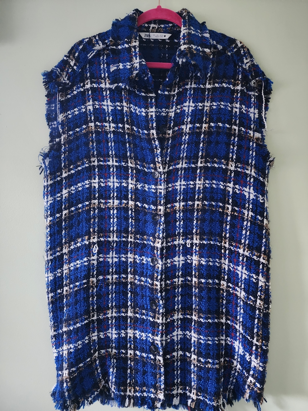 Zara Blue Plaid Tweed Sleeveless Button-Front Jacket